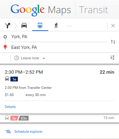 image of Google Transit directions panel